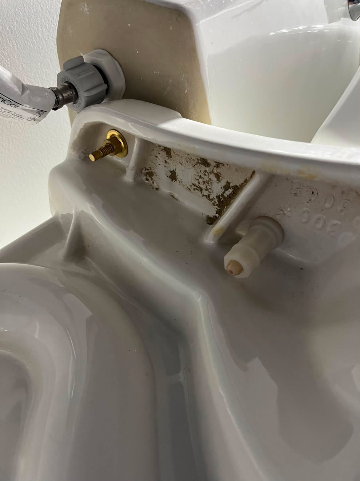 Before: hard-water grime between a toilet tank and bowl